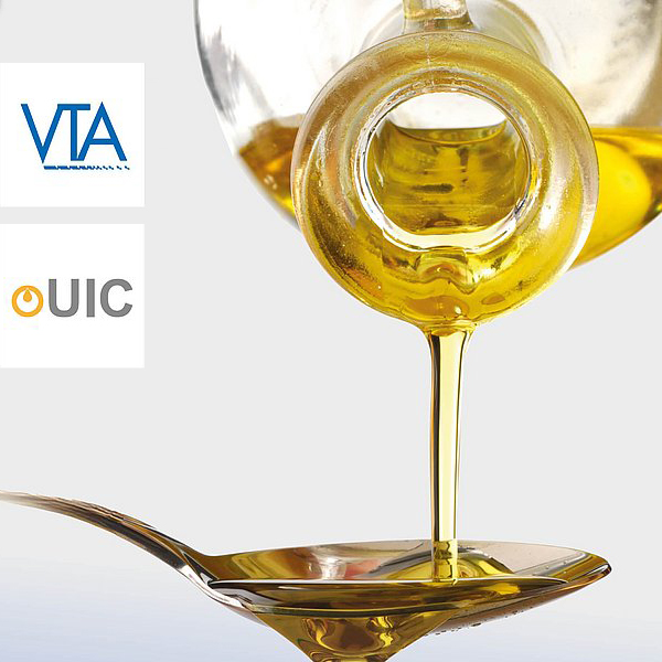 oil pouring from bottle to spoon with VTA and UIC logos