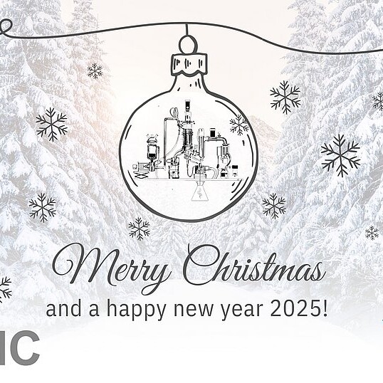 Christmas bulb with snowy pine trees in the background with text 