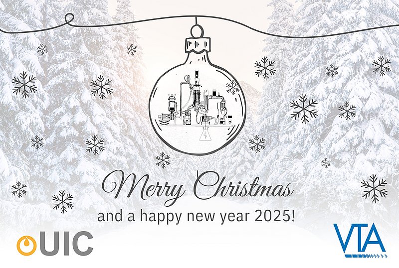 Christmas bulb with snowy pine trees in the background with text